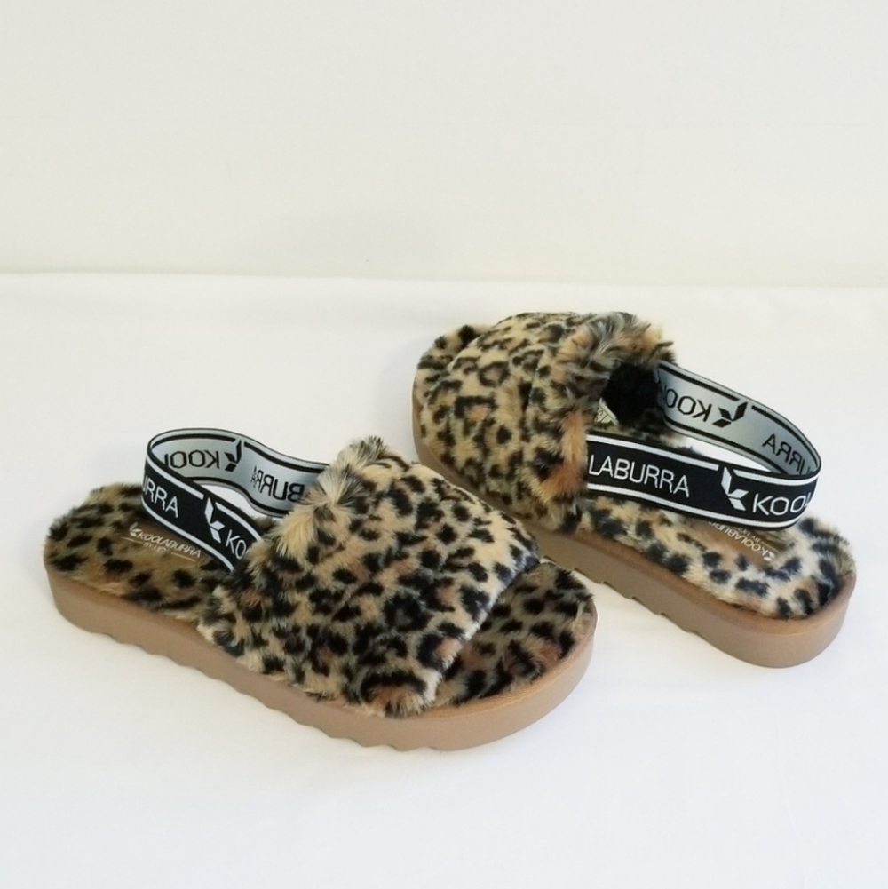 NWT KOOLABURRA BY UGG Fuzz'n II Leopard Print Faux Fur Slippers Sandals